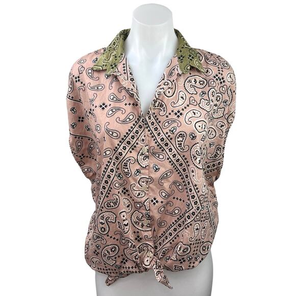 Intimissimi Pink Paisley Print Short Sleeve ButtonUp Collared Blouse Shirt Top L - Picture 1 of 4